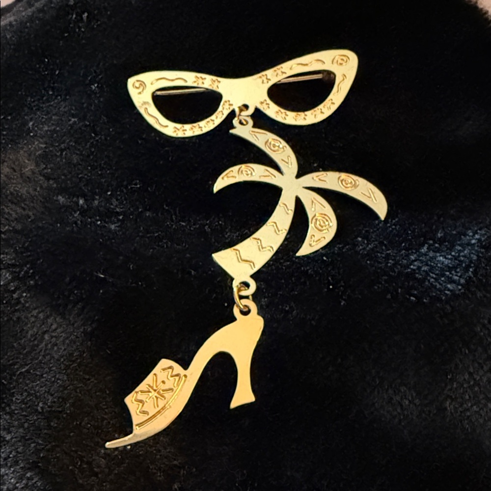 Vintage 3.25” Gold Sunglasses Palmtree and Shoe Brooch etched
